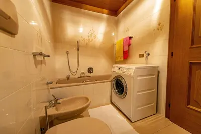 a bathroom with a washing machine and a sink at Apartments Sal Feur in Selva di Val Gardena