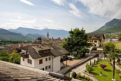 a view of a town with mountains in the background at Residence Preyhof in Caldaro