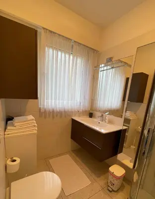a bathroom with a sink and a toilet and a mirror at Naif-Home in Merano