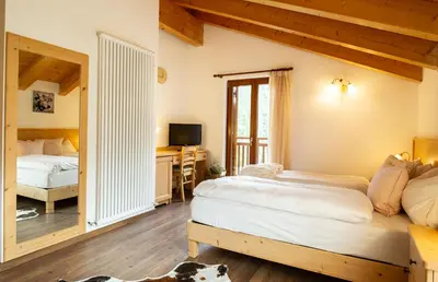 a bedroom with two beds and a desk and a television at Hotel Chalet Giasenei in Sagron Mis