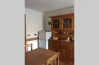 a kitchen with a white refrigerator and wooden cabinets at Piccola Stella Alpina in Canale dʼAgordo