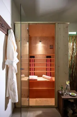 a bathroom with a sauna with a glass door at Hotel Überbacher in Laion