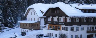 a bedroom with a bed and a table and a window at Hotel Bad Bergfall in Valdaora