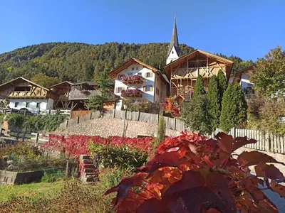 a group of houses on a hill with trees at Nuierhof in Castelrotto