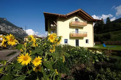 a house with yellow flowers in front of it at B&B Le Ciorciole in Tesero