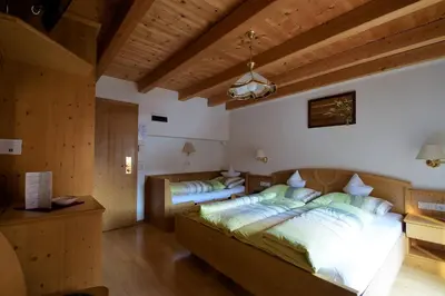 two beds in a room with wooden walls and wooden floors at Pension Mirandola in Colfosco