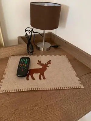 a remote control sitting on a table next to a lamp at Residence Garni Stella in San Vigilio Di Marebbe