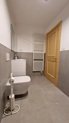 a bathroom with a toilet and a wooden door at Appartamento Col Val di Fassa con giardino BAGNI RINNOVATI 2023 in Campitello di Fassa
