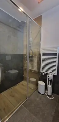 a bathroom with a glass shower and a toilet at Appartamento Col Val di Fassa con Terrazza BAGNI RINNOVATI 2023 in Campitello di Fassa