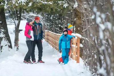 a group of people standing next to a fence in the snow at Hotel Sigmunderhof in Chienes