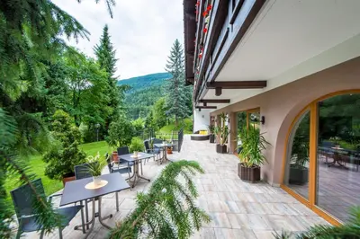 an outdoor patio with tables and chairs and trees at Hotel Sigmunderhof in Chienes