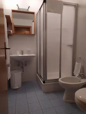 a bathroom with a shower and a toilet and a sink at NRH Laurin Karersee in Nova Levante