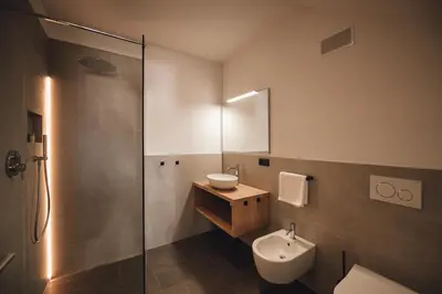 a bathroom with a sink and a toilet and a shower at Pitzner - Winery & Suites in Cornedo all'Isarco