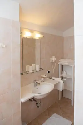 a bathroom with a sink and a mirror at B&B Unterhabsbergerhof in Appiano sulla Strada del Vino