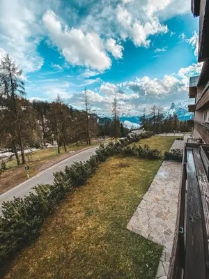 a group of trees in front of a building at Una Perla a Cortina in Cortina dʼAmpezzo