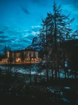 a tree in front of a building with a mountain at Una Perla a Cortina in Cortina dʼAmpezzo