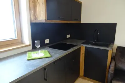 a kitchen with a sink and a glass of wine on a counter at Schmalzlhof in Siusi