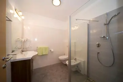 a bathroom with a shower and a sink and a toilet at Residence Bar Pizzeria Sylvanerhof in Naz-Sciaves