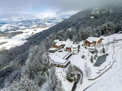 an aerial view of a house in the snow at Ansitz Velseck-Residence Hotel in Tires