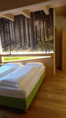 a bed in a room with a window with trees at Agriturismo Maso Schneider in Cavalese