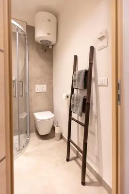 a bathroom with a toilet and a shower and a towel rack at Modern studio apartment in the heart of Merano in Merano