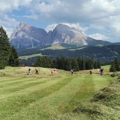a group of people on a grassy hill with a mountain at Ritschhof in Castelrotto
