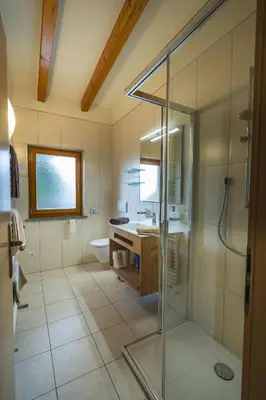 a bathroom with a glass shower and a sink at Residence Sonneckhof in Caldaro