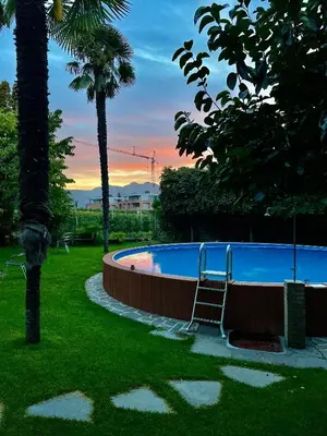 a swimming pool with a ladder next to a palm tree at Gasthaus Abram in Ora/Auer