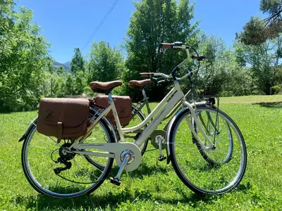 a bike parked in the grass in a field at Casa di Franz in Vigo di Fassa