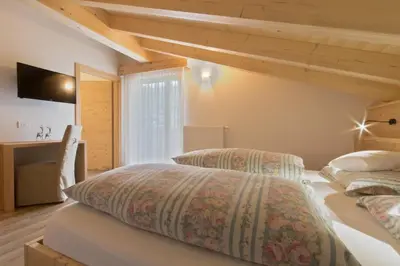 a bedroom with two twin beds and a television at Hotel Steinrösl in San Cassiano