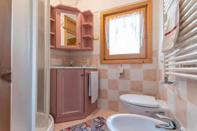a small bathroom with a toilet and a sink at Cesa al Monech in Selva di Cadore