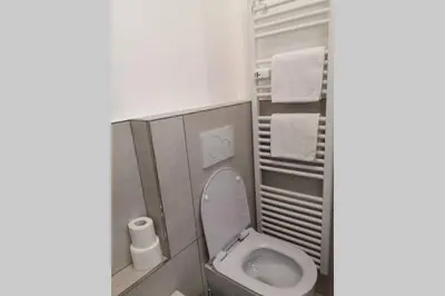 a small bathroom with a toilet and towels at Appartment Barbara in Bolzano