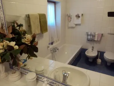 a bathroom with a tub and a sink and a toilet at Siusi Sciliar Apartment in Siusi