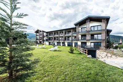 a large building with a lawn in front of it at Chalet Kristall - Dolomites Garden Chalet in Falzes