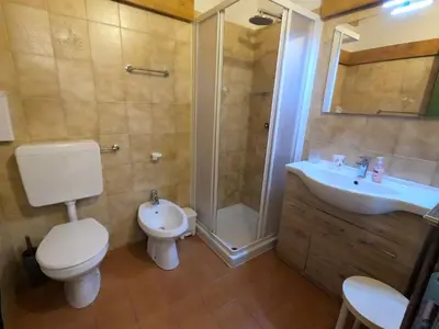a room with a bed and a table and a kitchen at Valles Vacanze - ski in & ski out in Falcade