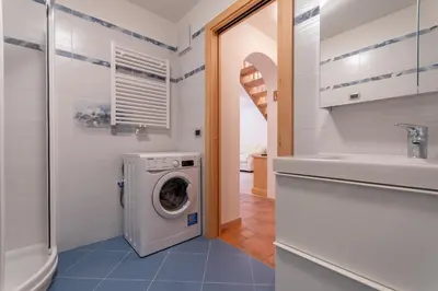 a bathroom with a washing machine and a sink at Chalet Butterfly 1 in Mazzin