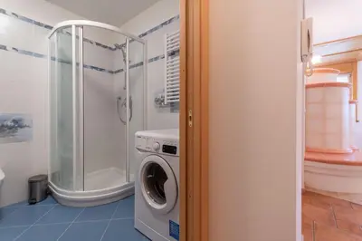 a bathroom with a washing machine and a shower at Chalet Butterfly 1 in Mazzin