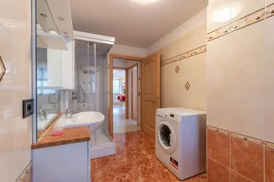 a bathroom with a washing machine and a sink at Chalet Butterfly 2 in Mazzin