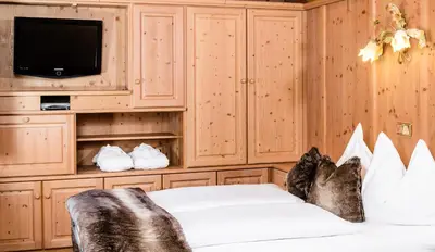 a bedroom with a bed with a tv and a couch at Apartments Hotel Garden in Selva di Val Gardena