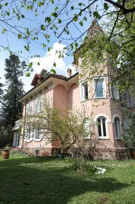 a large pink house with a grass yard at Apartments Villa Anita in Bolzano