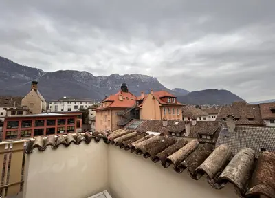 a view of a city with buildings and mountains at Roter Adler in Caldaro