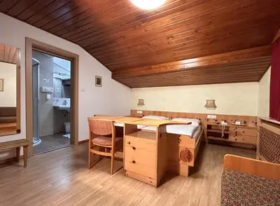 a bedroom with a desk and a bed in a room at Roter Adler in Caldaro