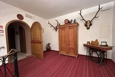 a room with a wooden cabinet and a table with a table at Roter Adler in Caldaro