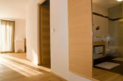 a bathroom with a toilet and a large mirror at Wegmacherhof in Castelrotto
