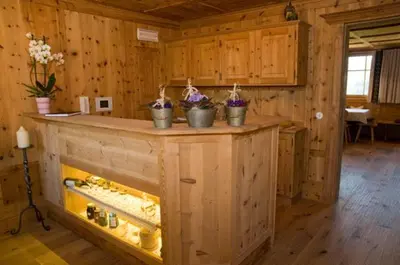 a wooden room with a fireplace in a cabin at Wegmacherhof in Castelrotto