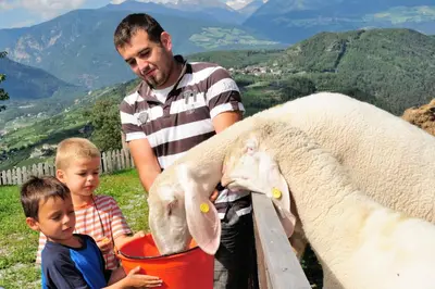a man and two boys are holding a sheep at Linderhof in Bressanone