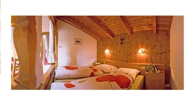 a bedroom with two beds in a room with wooden walls at Appartments Geislerblick in Castelrotto