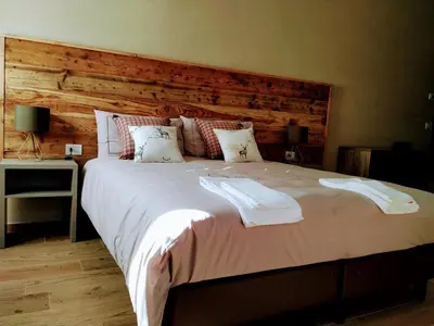 a bedroom with a large bed with two towels on it at Le Bifore in valle in Predazzo