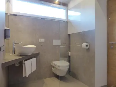 a bathroom with a toilet and a sink at Ferienwohnungen Braiter in Rifiano