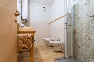 a bathroom with a toilet and a glass shower at Suite Cima Pape in Rocca Pietore